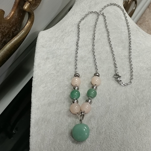 Aventurine Necklace Natural Gemstone Pendant Beads Stainless-Steel Green & Peach - Picture 13 of 17